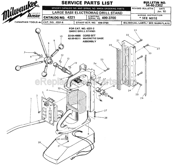 Milwaukee 4221 (SER 499-3700) Large Base Electromag Drill Press Stand Page A Diagram