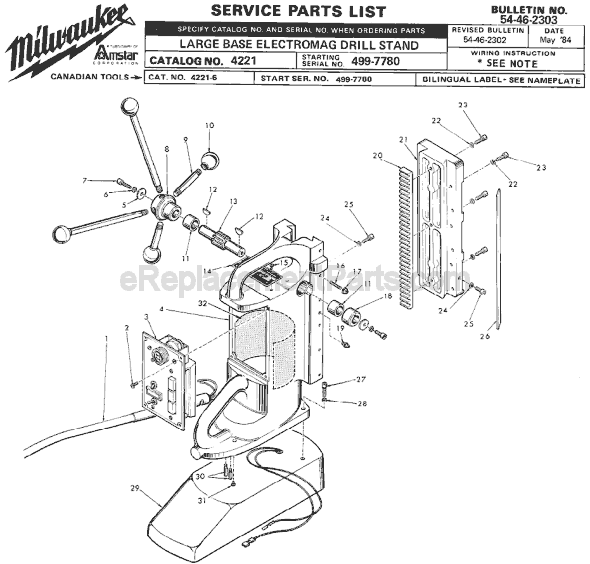 Milwaukee 4221 (SER 499-7780) Large Base Electromag Drill Press Stand Page A Diagram