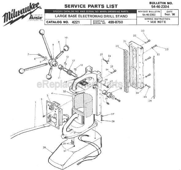 Milwaukee 4221 (SER 499-8750) Large Base Electromag Drill Press Stand Page A Diagram