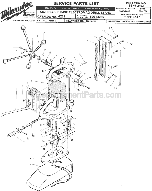 Milwaukee 4231 (SER 500-13210) Adjustable Base Electromag Drill Press Stand Page A Diagram