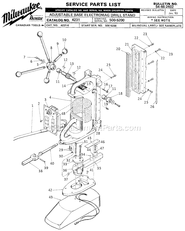 Milwaukee 4231 (SER 500-5200) Adjustable Base Electromag Drill Press Stand Page A Diagram