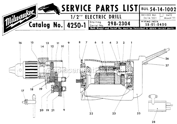 Milwaukee 4250-1 (SER 298-2304) 1/2" Electric Drill Page A Diagram