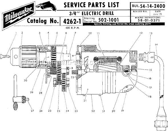 Milwaukee 4262-1 (SER 502-1001) 3/4 in. Motor for Electromagnetic Drill Press, 350 RPM Page A Diagram