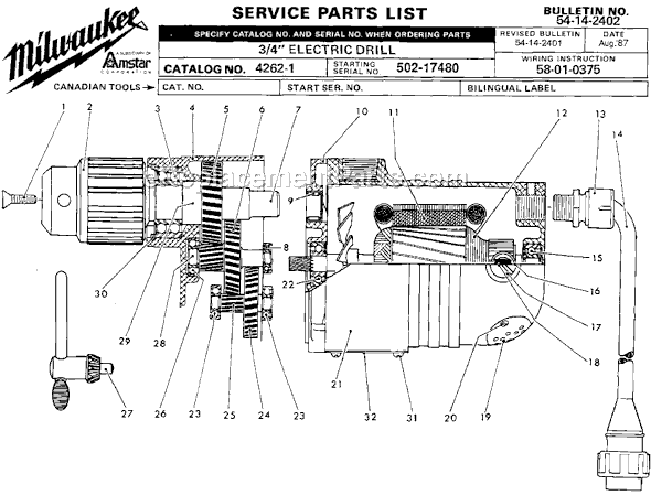 Milwaukee 4262-1 (SER 502-17480) 3/4 in. Motor for Electromagnetic Drill Press, 350 RPM Page A Diagram