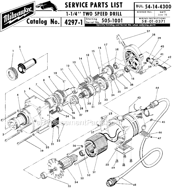 Milwaukee 4297-1 (SER 505-1001) No. 3 MT Motor for Electromagnetic Drill Press, 250/500 RPM Page A Diagram