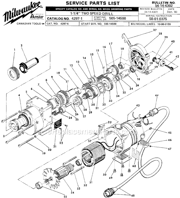 Milwaukee 4297-1 (SER 505-14500) No. 3 MT Motor for Electromagnetic Drill Press, 250/500 RPM Page A Diagram