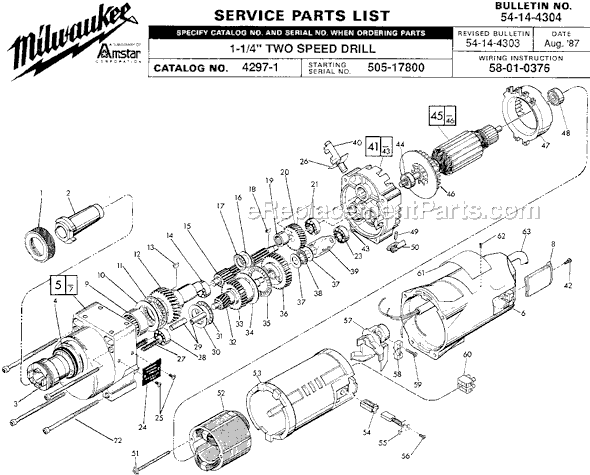 Milwaukee 4297-1 (SER 505-17800) No. 3 MT Motor for Electromagnetic Drill Press, 250/500 RPM Page A Diagram