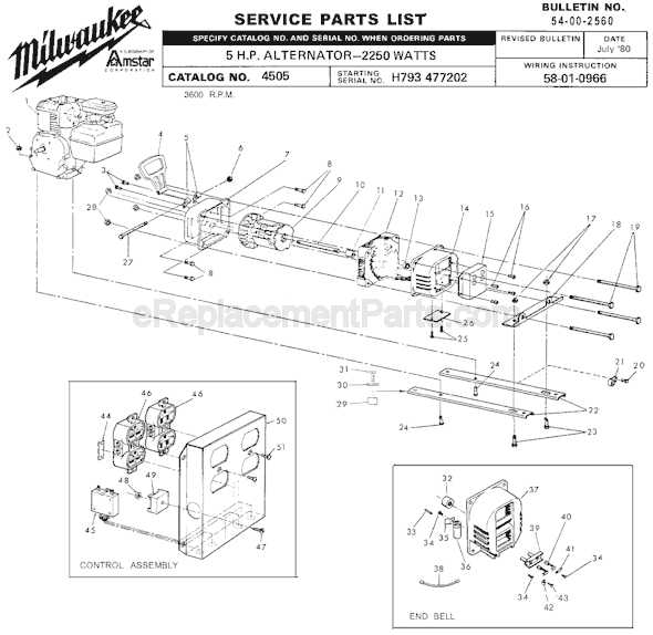 Milwaukee 4505 (SER H793 477202) 5 HP Alternator Page A Diagram