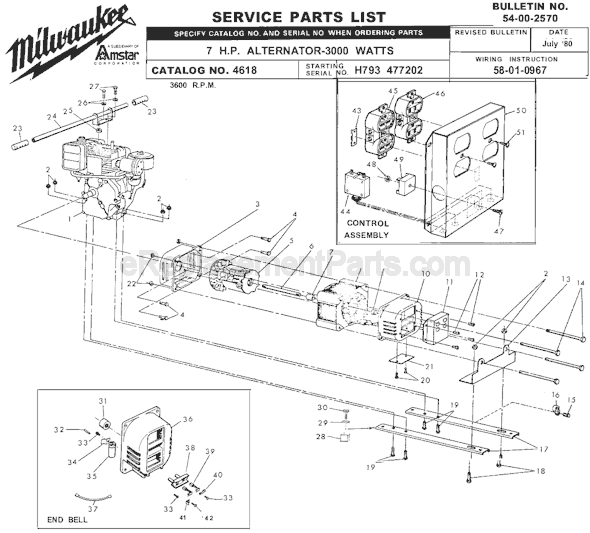 Milwaukee 4618 (SER H793 477202) 7 HP Alternator Page A Diagram