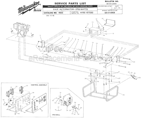 Milwaukee 4655 (SER H793 477202) 8 HP Alternator Page A Diagram