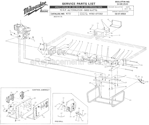 Milwaukee 4772 (SER H793 477202) 10 HP Alternator Page A Diagram
