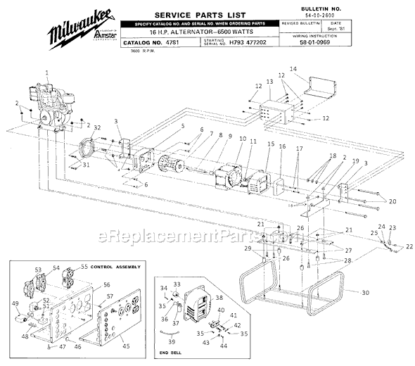 Milwaukee 4781 (SER H793-477202) 16 HP Alternator Page A Diagram