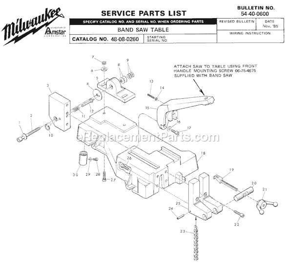 Milwaukee 48-08-0260 Band Saw Table Page A Diagram