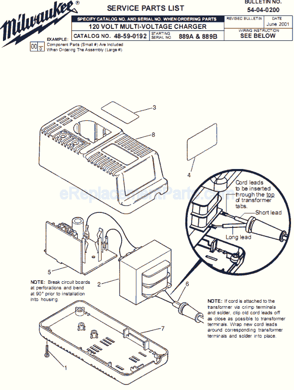 Milwaukee 48-59-0192 (SER 889A) Charger Page A Diagram