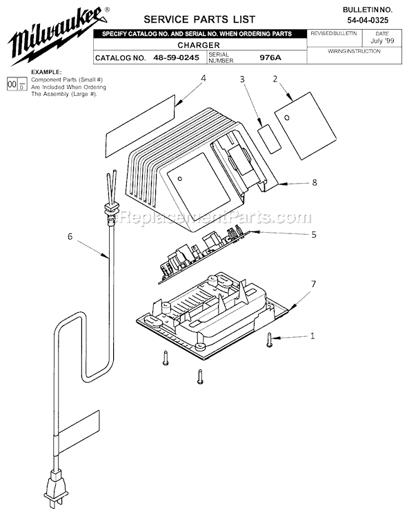 Milwaukee 48-59-0245 (SER 976A) Charger Page A Diagram