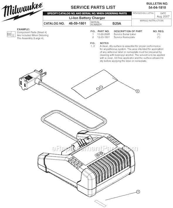 Milwaukee 48-59-1801 (SER B29A) Li-Ion Battery Charger Page A Diagram