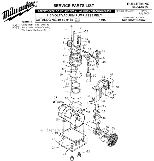 Milwaukee 49-50-0165 (SER 1195) 115 Volt Vacuum Pump Assembly Page A Diagram