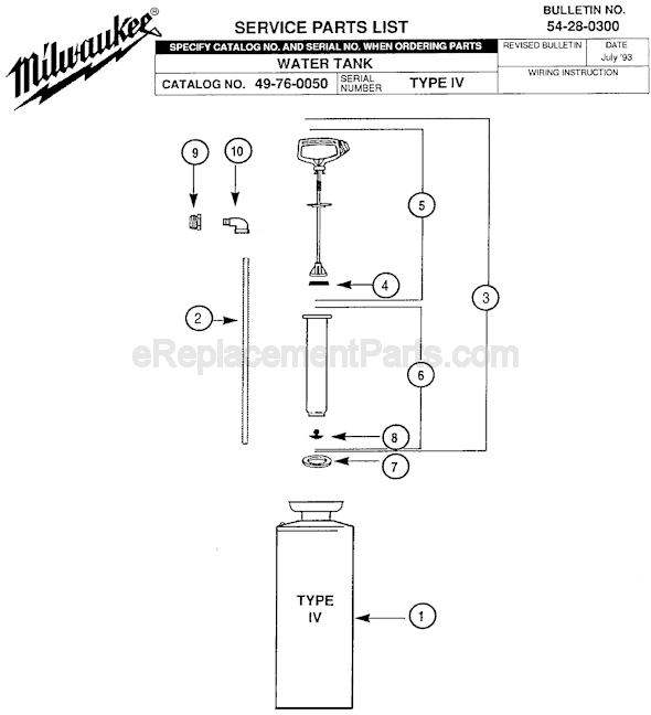 Milwaukee 49-76-0050 (SER TYPE IV) Water Tank Page A Diagram