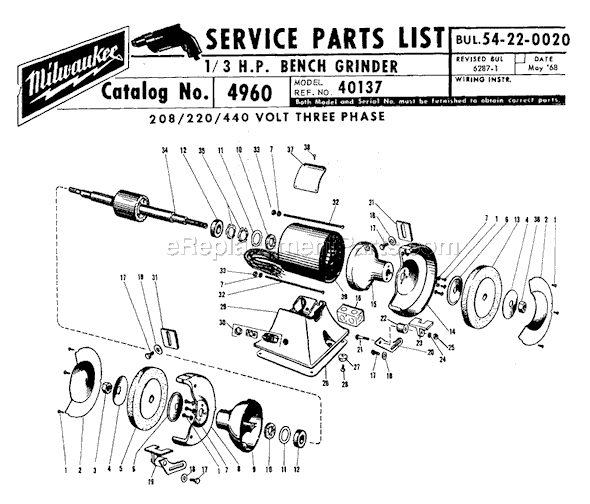 Milwaukee 4960 (SER 40137) 1/3 H.P. Bench Grinder Page A Diagram