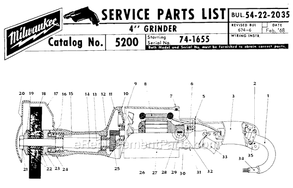 Milwaukee 5200 (SER 74-1655) 4" Grinder Page A Diagram