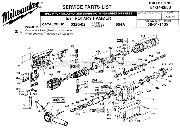 Milwaukee 5320-02 (SER 894A) Rotary Hammer Page A Diagram