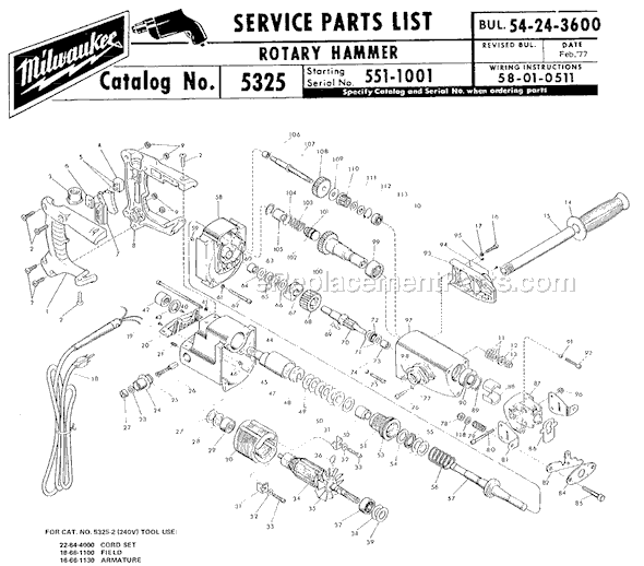 Milwaukee 5325 (SER 551-1001) Rotary Hammer Page A Diagram