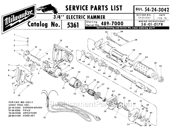 Milwaukee 5361 (SER 489-7000) 3/4" Electric Hammer Page A Diagram