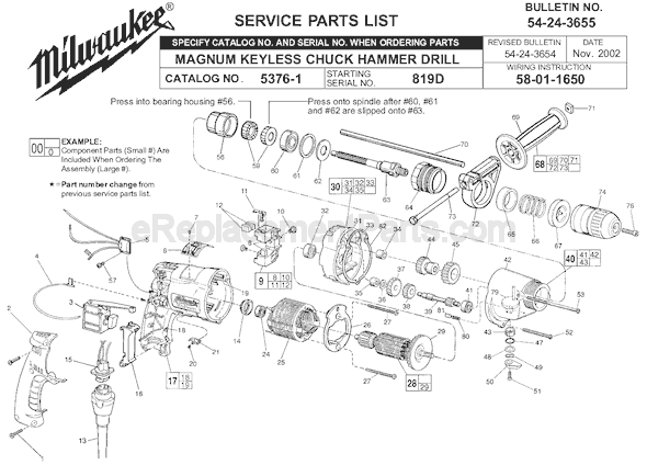 Milwaukee 5376-1 (SER 819D) Magnum Keyless Chuck Hammer Drill Page A Diagram
