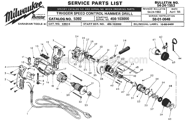 Milwaukee 5392 (SER 665-103000) Hammer Drill Page A Diagram