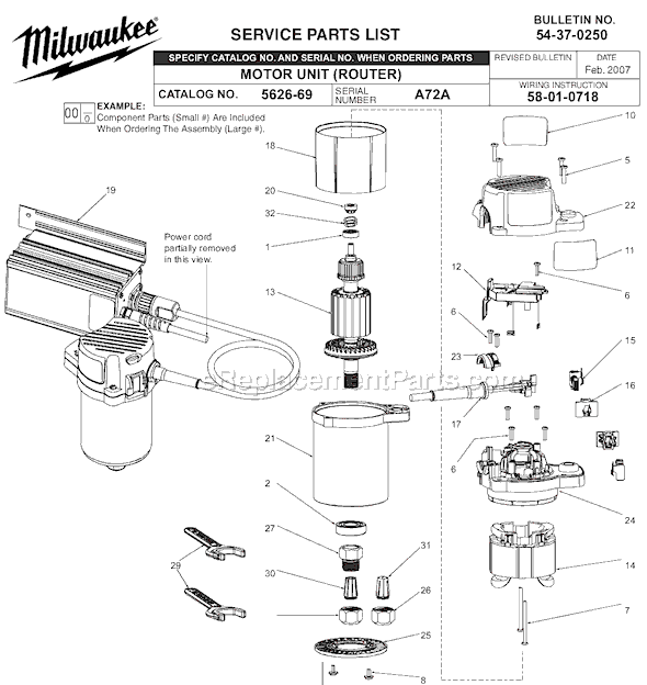 Milwaukee 5626-69 (SER A72A) Router Page A Diagram