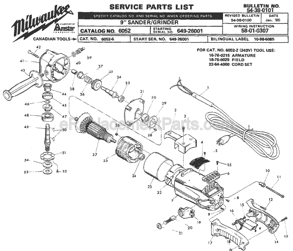 Milwaukee 6052 (SER 649-26001) Grinder Page A Diagram