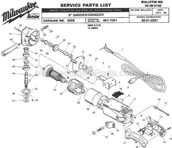 Milwaukee 6056 (SER 651-1001) Sander/Grinder Page A Diagram