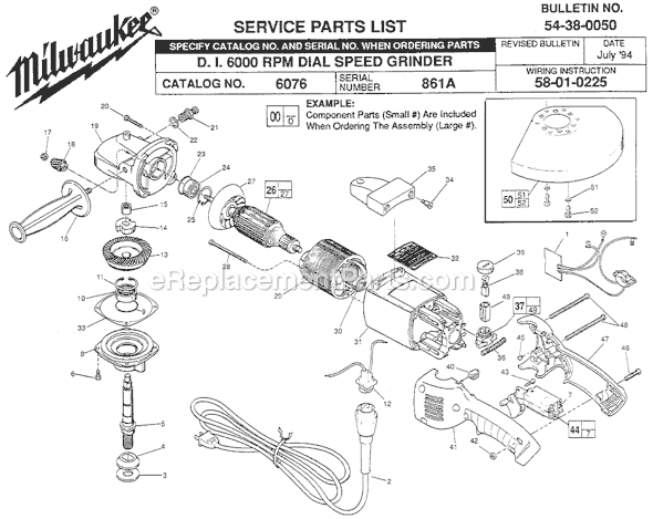 Milwaukee 6076 (SER 861A) D.I. 6000 RPM Dial Speed Grinder Page A Diagram