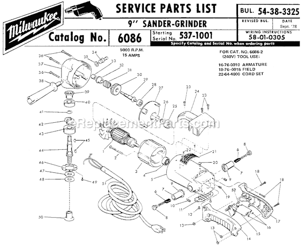 Milwaukee 6086 (SER 537-1001) 9" Sander / Grinder Page A Diagram