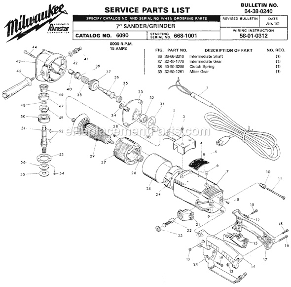 Milwaukee 6090 (SER 668-1001) 7" Sander / Grinder Page A Diagram