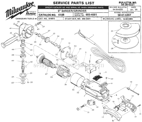 Milwaukee 6108 (SER 655-4001) 9" Sander / Grinder Page A Diagram
