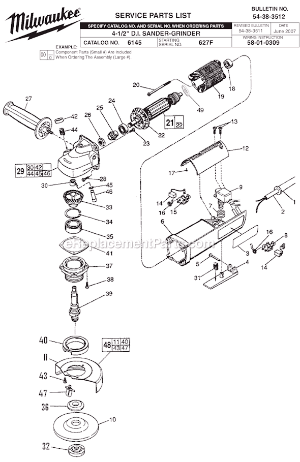 Milwaukee 6145 (SER 627F) 4-1/2 in. Sander/GrinderParts Page A Diagram