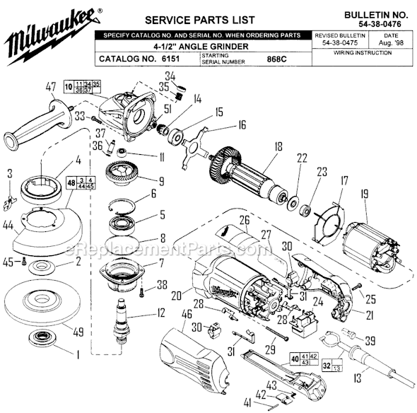 Milwaukee 6151 (SER 868C) 4-1/2 in. Magnum Sander/Grinder Page A Diagram
