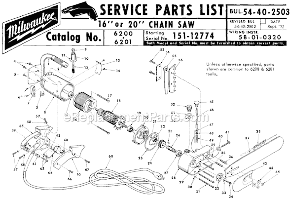 Milwaukee 6200 (SER 151-12774) 16" Chainsaw Page A Diagram