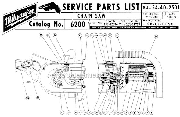 Milwaukee 6200 (SER 151-2543) 16" / 20" Chainsaw Page A Diagram