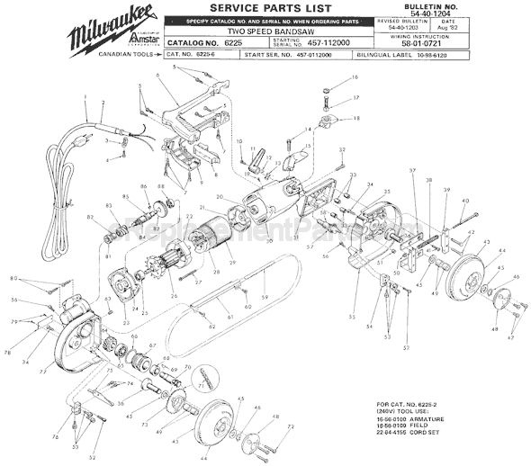 Milwaukee 6225 (SER 457-112000) Two Speed Band Saw Page A Diagram