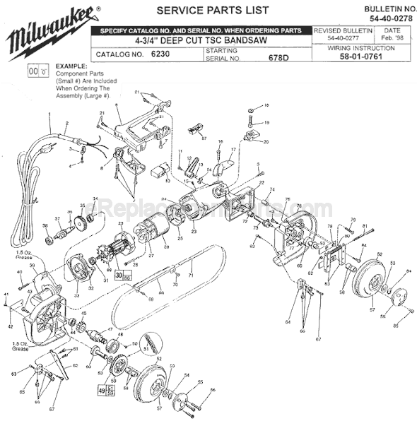 Milwaukee 6230 (SER 678D) 4-3/4 Inch Deep Cut Band Saw Page A Diagram