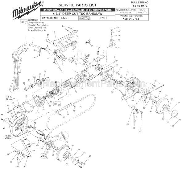 Milwaukee 6230 (SER 678H) 4-3/4 Inch Deep Cut Band Saw Page A Diagram