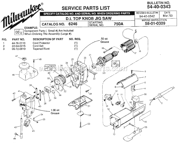 Milwaukee 6246 (SER 750A) D.I. Top Knob Jig Saw Page A Diagram