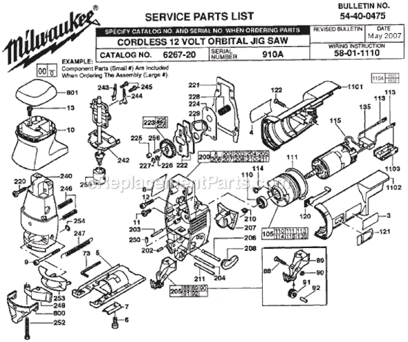 Milwaukee 6267-20 (SER 910A) Cordless 12 Volt Orbital Jig Saw Page A Diagram