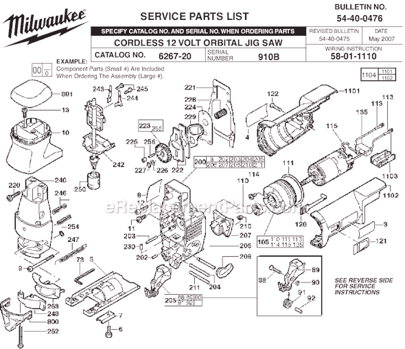 Milwaukee 6267-20 (SER 910B) Cordless 12 Volt Orbital Jig Saw Page A Diagram