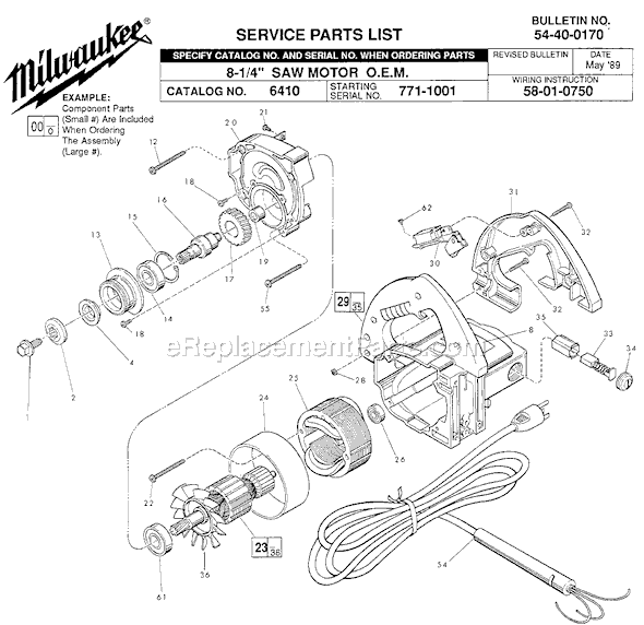 Milwaukee 6410 (SER 771-1001) O.E.M. Saw Motor Page A Diagram