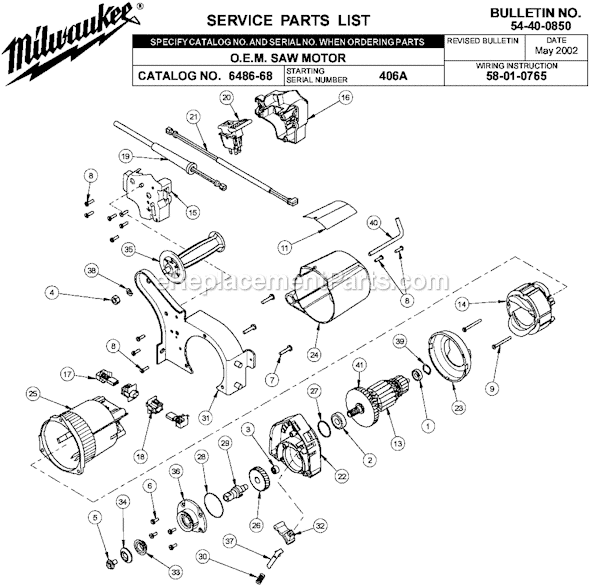 Milwaukee 6486-68 (SER 406A) O.E.M. Saw Motor Page A Diagram