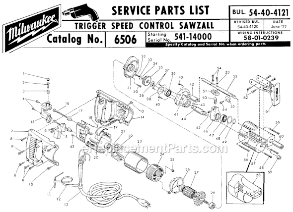 Milwaukee 6506 (SER 541-14000) Trigger Speed Control Sawzall Page A Diagram