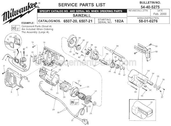 Milwaukee 6507-20 (SER 182A) Sawzall Page A Diagram